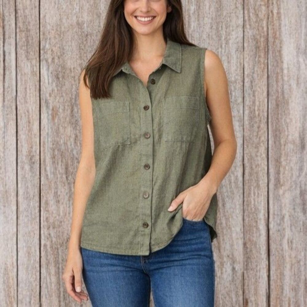 LOFT Sleeveless Button Up Linen Blend Top Womens XL Green NWT
